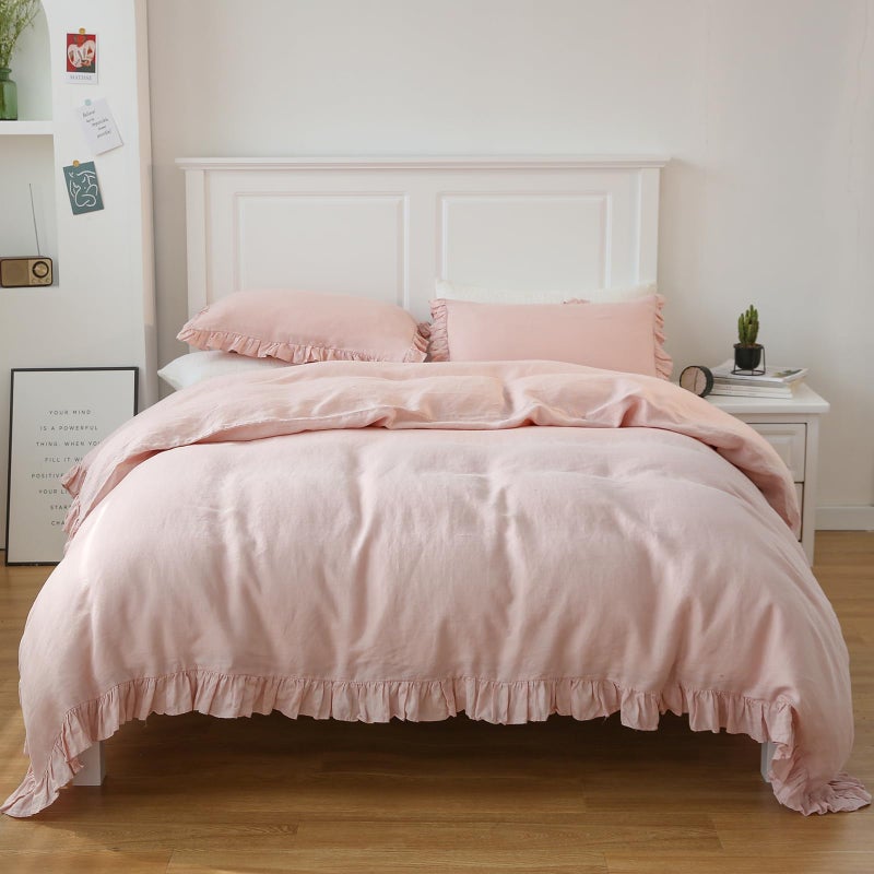 Simple&Opulence 100% Linen Duvet Cover Set, 3 PCS Natural French Flax Blush Pink Ruffle Duvet Cover Queen Size, Breathable Comfy Linen Bedding Comforter Cover with 2 Pillowcases(Blush Pink, 88" X 92") - Image 1